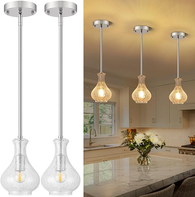 Brushed Nickel Pendant Lights Kitchen Island 2 Pack, 5.9" Modern Crackle Glass Pendant Light Fixtures Single Hanging Lighting with Adjustable Rods for Kitchen Island, Sink, Bathroom, E26 Base