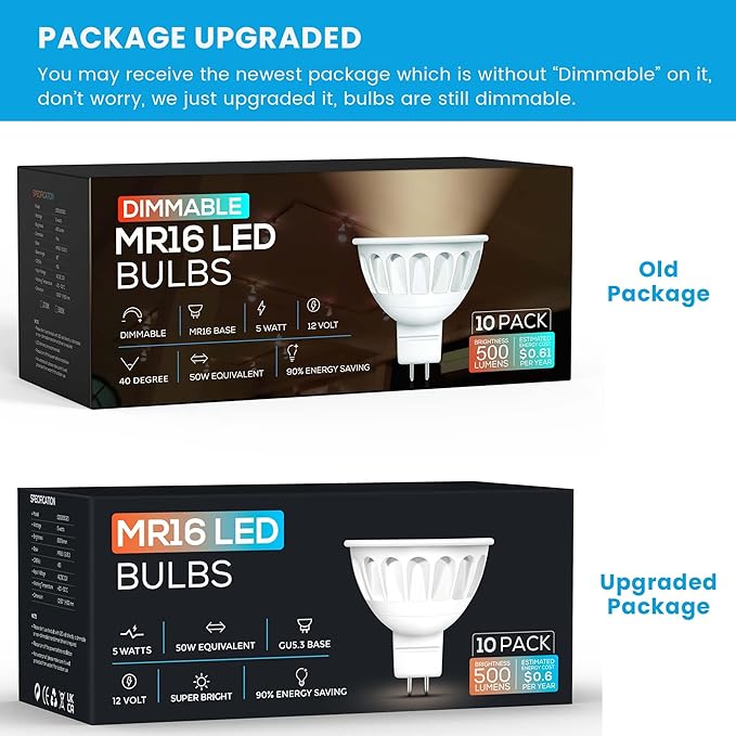 10 Pack Dimmable MR16 LED Bulbs, 12V 5W(50-Watt Equivalent), 5000K Daylight White, GU5.3 Bi-Pin Base, 40-Degree, Indoor/Outdoor Landscape Spotlight Track Recessed Lighting
