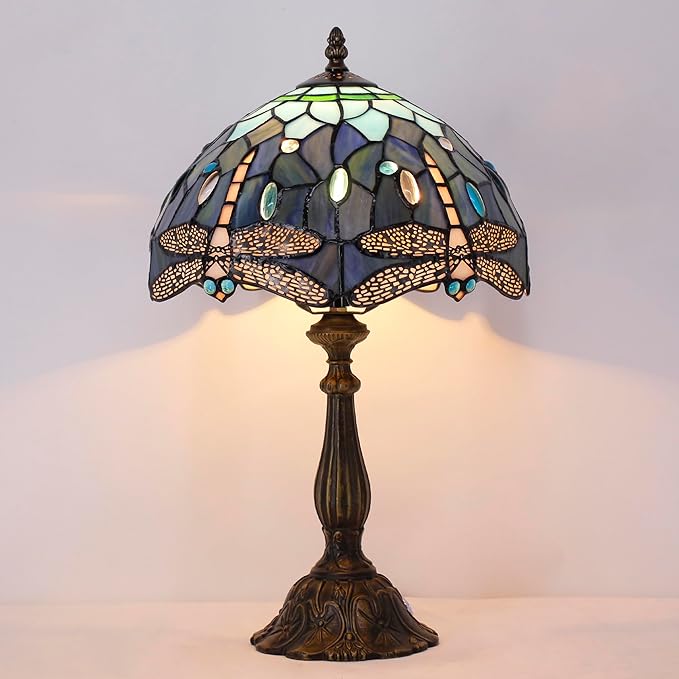 Tiffany Lamp Touch Control Table Lamp Blue Stained Glass Desk Lamp 12X12X19 Inches Dragonfly Style Reading Light