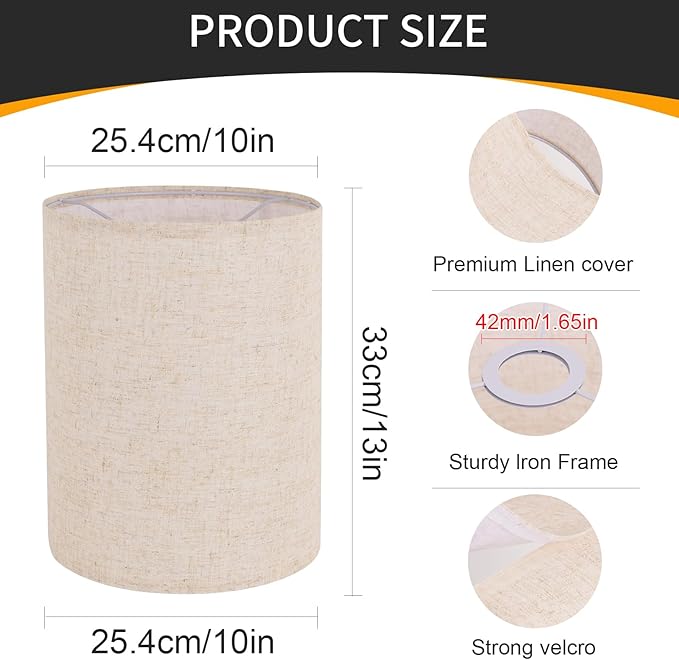 Beige Linen Tall Drum Lampshade, 10" Top x 10" Bottom x 13" High Lamp Shade, Lamp Shade Replacement for Table and Floor Lamps, Pendant Light, Handcrafted Lampshade, Easy Assembly