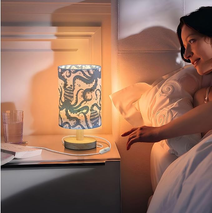 Fustylead Navy Blue Octopus in Hat Table Lamp for Bedroom USB Port Lamps Small Accent Table Lamp Nightstand Lamp Sturdy Linen Shade Wooden Base Decorative Lamps for Bedside Reading|Kids|Dorm|Home
