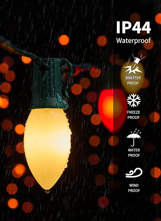 Vintage C9 LED Christmas Lights Outdoor, 100 Feet String Lights with 50 Shatterproof Bulbs, Waterproof Connectable Christmas Tree Lights for Outside Roofline Patio Xmas Decor, Red & Warm White
