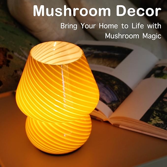 Battery Operated Mushroom Lamp-Vintage Small Table Lamps with Timer, Cordless Battery Powered Bedside Lamp for Bookshelf/Bedroom/Kitchen/Living Room/Shelf/Entryway Decor Aesthetic,Orange
