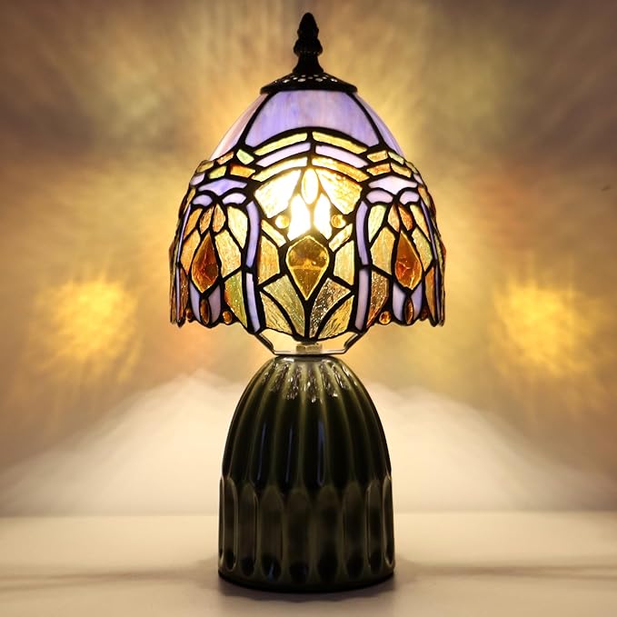 Tiffany Lamp Stained Glass Mushroom Table Lamps 6X6X12.5 Inch Purple Jewelry Baroque Style Small Night Light Ceramic Base Mini Accent Desk Light Suitable for Bedside Table Bedroom Children Room