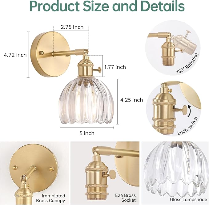 Vintage Wall Sconces Set of 2 with Cute Transparent Tulip Glass Lampshade 180 Degree Adjustable Brass Sconces Hradwired Modern Wall Lighting Fixture with Switch for Bedside Bedroom Doorway