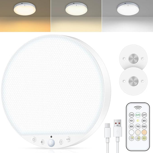 Rechargeable 8W Motion Sensor Ceiling Light Indoor, Wireless Magnetic Stick-On, Remote Control for Color & Brightness, Battery Operated Light for Shower, Closet, Bathroom, Pantry, Hallway, 1-Pack