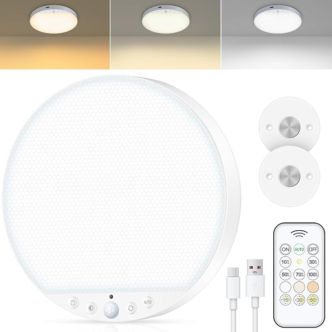 Rechargeable 6W Motion Sensor Ceiling Light Indoor, Wireless Magnetic Stick-On, Remote Control for Color & Brightness, Battery Operated Light for Shower, Closet, Bathroom, Pantry, Hallway, 1-Pack