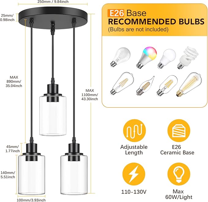 MAXvolador Industrial 3-Light Pendant Light, Adjustable Hanging Light Fixture with Clear Glass Shade, Pendant Lighting E26 Base Ceiling Lamp, Black