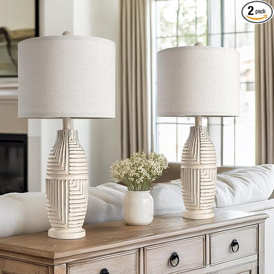 BOBOMOMO 25" Rustic Farmhouse Table Lamps Set of 2, Vintage Resin Nightstand Lamps with Fabric Shades, Retro Bedside Lamps for Bedroom, Living Room, Dining Room, Home Decoration