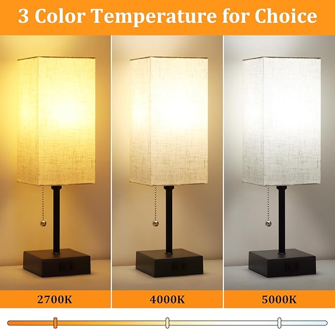 Table Lamp for Bedroom set of 2,3-Color Bedside Lamps with Pull Chain Table Lamps for Nightstand with AC Outlets,Night Light Lamps with 2 Bulbs Lamps for Living Room Kids Office Decor（Black+Cream）