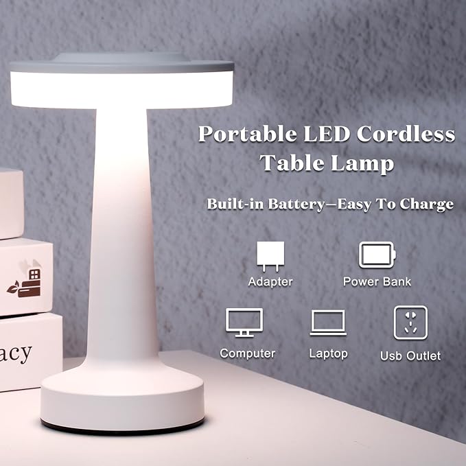 Riakrum 2 Pcs LED Portable Cordless Table Lamp with Touch Sensor 3 Color Stepless Dimming Rechargeable Battery up to 15 Hours Cordless Table Light Wireless Lamp for Nursery (White)