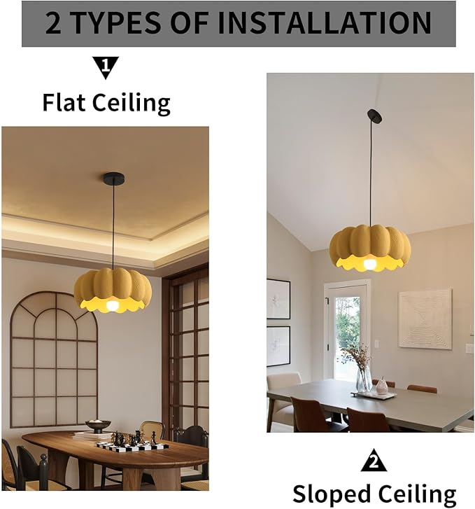 JAYMP Yellow Pumpkin Shape Pendant Light for Dining Room Kitchen Island Hallway Farmhouse Style Hanging Lamp E26 Base, 40cm/15.8in
