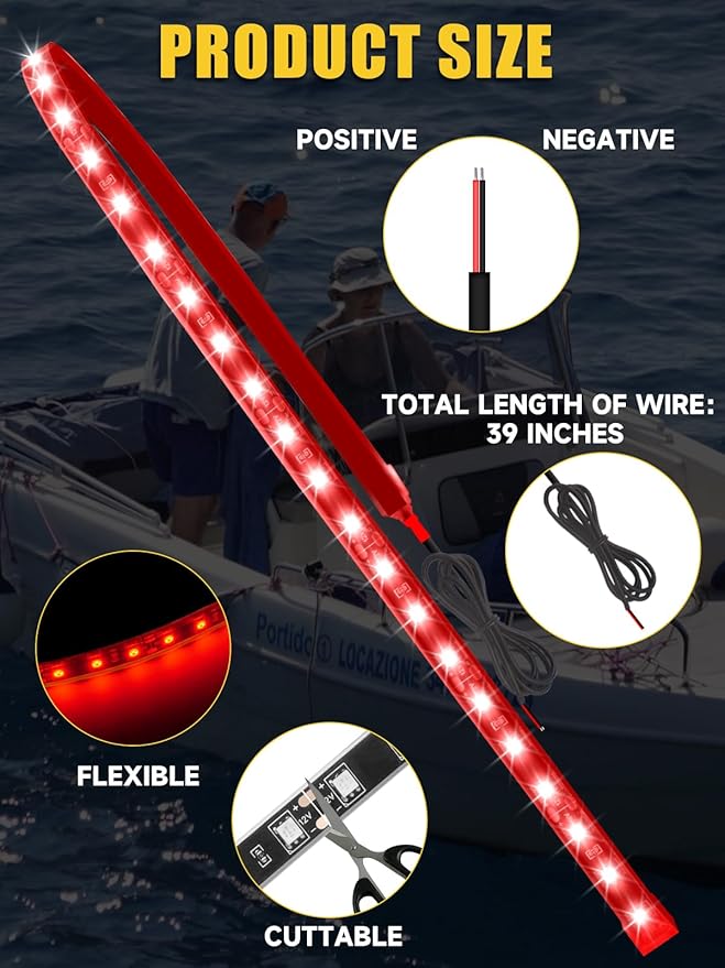 Led Light Strip Exterior Interior 24inch 5050 SMD Led Strip Light IP68 Waterproof Flexible Lights 12V for Car SUV Truck Marine Boat Golf Cart Red Pack of 4