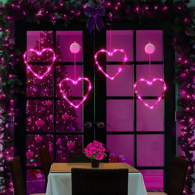 3 Pack Valentines Day Window Lights Decorations with Timer, Battery Powered Hanging Pink Lighted Heart Shaped Sucker LED Lamp for Fireplace Indoor Home Decor