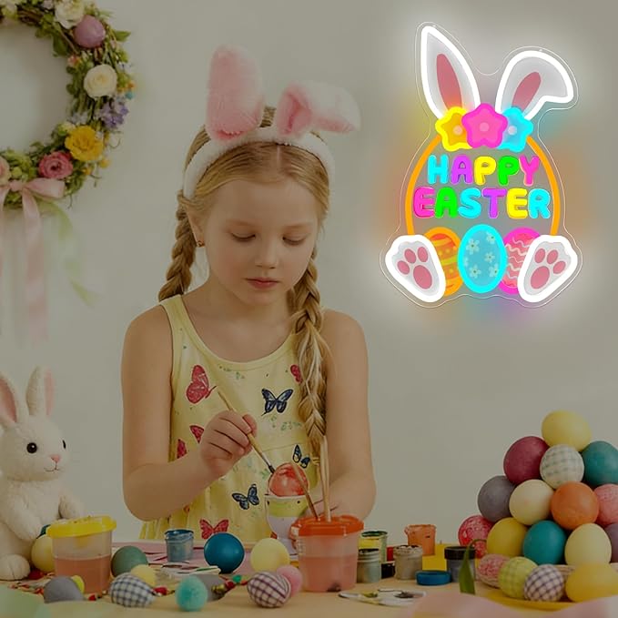 Happy Easter Neon Sign for Wall Bunny Neon Light for Bedroom Door Dimmable Eggs Led Sign Light Up Basket Sign for Shop Home Office Easter Decorations Neon Wall Art Gifts for Family