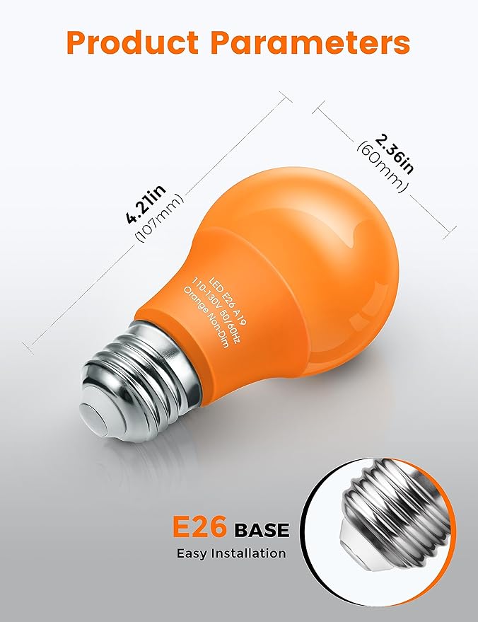 Orange Light Bulbs Purple Light Bulbs [4 Pack] - A19 LED Orange Bulbs Purple Bulbs Outdoor, E26 Base 9W Equivalent 60W for Halloween Party Porch Holiday Decor