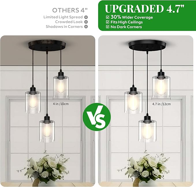 3 Light Pendant Lighting, Farmhouse Hanging Light Fixture for Kitchen Island & Dining Room, Industrial Vintage Ceiling Lamp with E26 Base, Adjustable Height, with Clear Glass 4.7" Shades