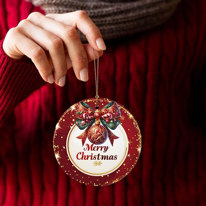 Merry Christmas Red Balls Snowflakes Christmas Ornaments, Christmas Decorations Xmas Tree Hanging Ornaments, Round Ceramic Festive Keepsake Gift for Xmas Decorations Holiday Home Decor