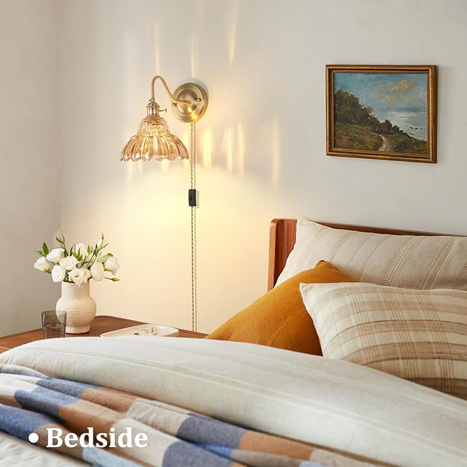 Plug in Wall Sconce Set of 2, Gold Vintage Wall Decor Lights with Amber Lily Glass Shade, Indoor Brass Corded Wall Lamp Fixture for Bedroom Living Room Bathroom Hallway
