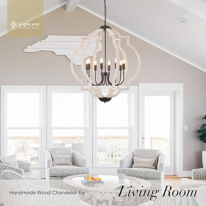 8-Light 30.5" Farmhouse Orb Chandelier Rustic Handmade Distressed White Wood Hanging Ceiling Pendant Light Fixture Wood Lantern Chandeliers for Dining Room Kitchen Bedroom Foyer Hallway