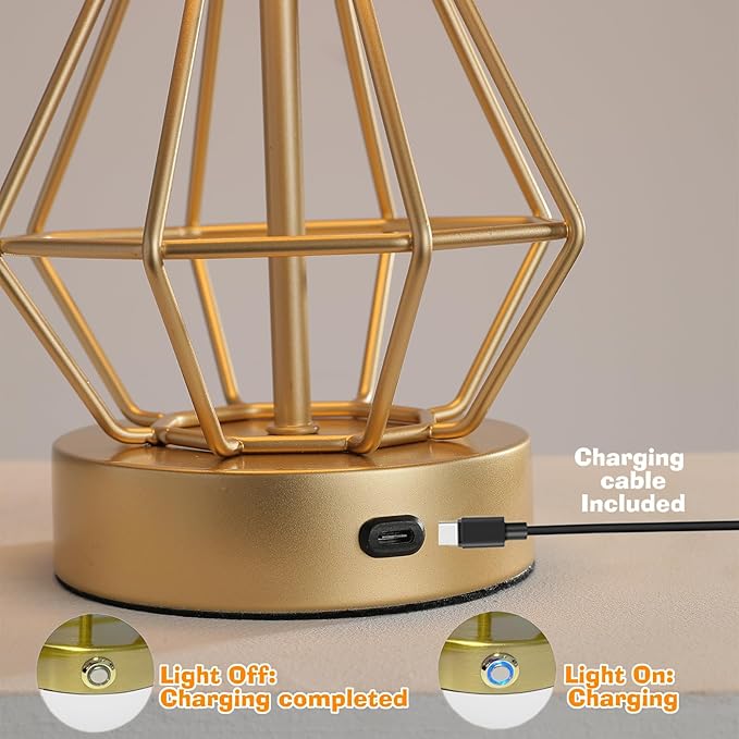 Gold Cordless Lamp Set of 2,Touch Stepless Dimming,8000mAh Rechargeable Battery Table Lamp,Gold Cage Frame Wireless Lamp,White Lampshade,14.7inches Tall