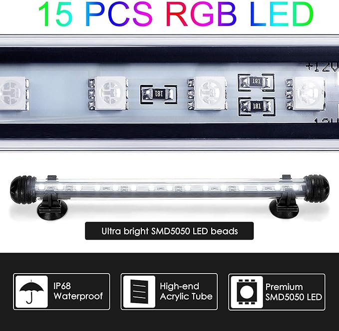 GreenSun LED Aquarium Light, Fish Tank Light with Remote Control, IP68 Submersible Waterproof Strip Bar Light,RGB Color Changing, 3.8 Watts 11inch/28cm