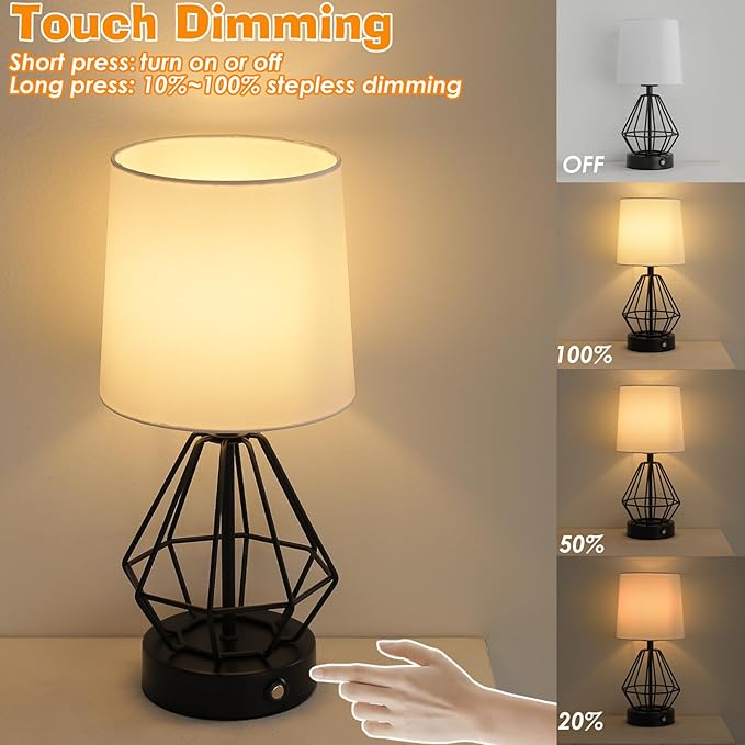 8000mAh Rechargeable Battery Table Lamp,Black Cordless Lamp Set of 2,Touch Stepless Dimming,Black Cage Frame Wireless Lamp,White Lampshade,14.7inches Tall