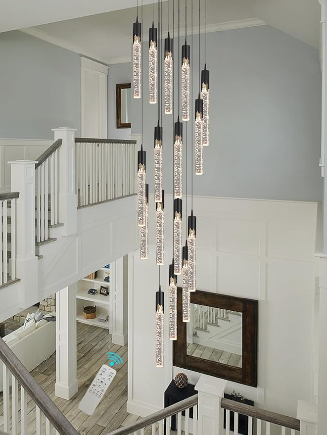 Flashing God Black Chandelier 16-Lights Staircase Chandelier for Living Room Hight Ceiling Foyer Pendant Lighting Fixture Modern Raindrop Crystal Chandelier Spiral Stairwell Lighting