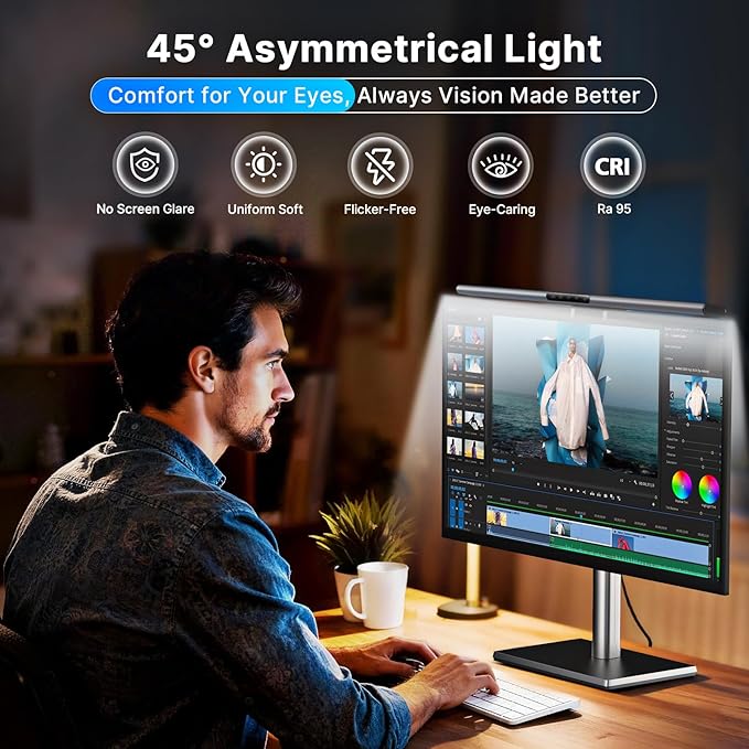 Syrinx 16.7" Computer Monitor Light Bar with Ambient Backlight, USB Reading LED Lamp, Screen Monitor Lamp, Touch + Gesture Control, Dimmable Desk Light, Eye-Caring, No Screen Glare for (Basic)