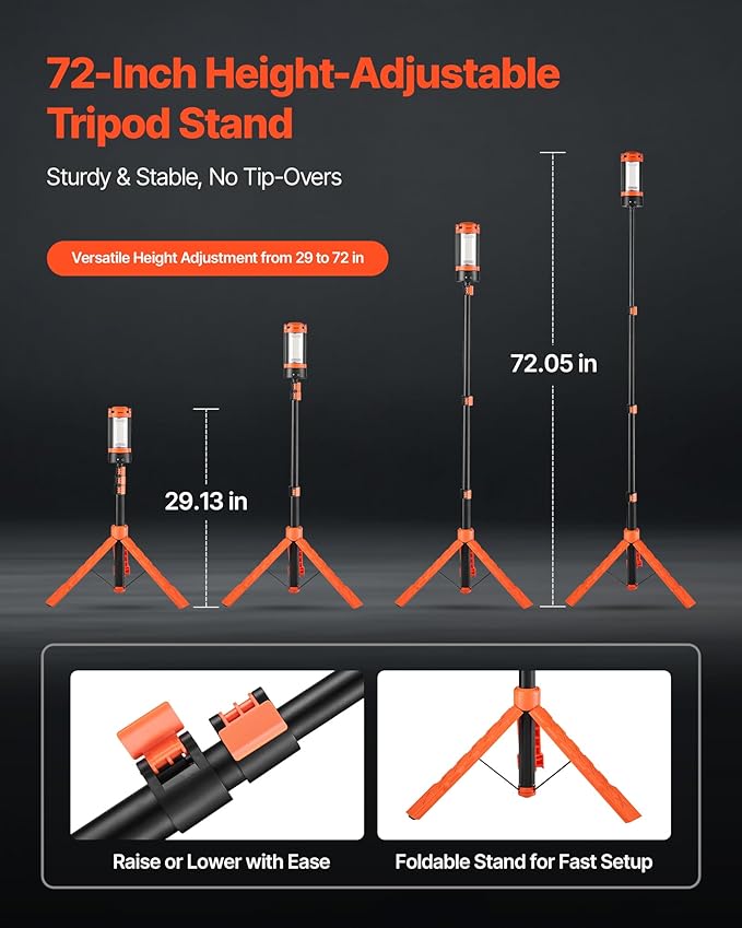 VEVOR LED Work Light with Stand, 13.2Ah, Rechargeable Cordless Camping Light, with 3 Lamp Heads, Detachable Tripod Stand, 2200 Lumens 3000K-6500K Dimmable, Portable Construction Lighting for Job Site