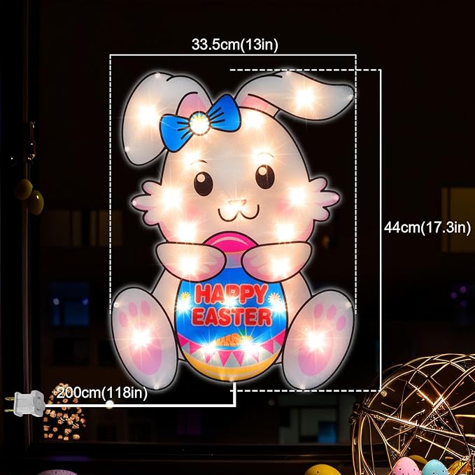 17" 20LED Lighted Bunny Easter Decor - UL Certified, Soft Warm Glow, Window & Hanging Accent, Compact Holiday Ornament, Pretty Gift Box Packed