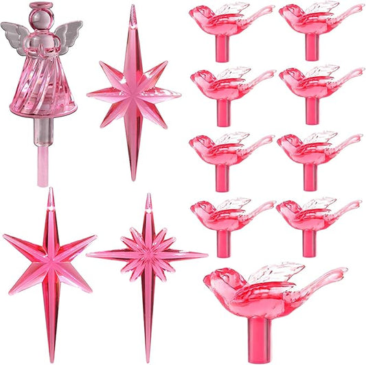 117Pcs Ceramic Christmas Tree Pink Love Bird Replacement Lights Bulbs and 1 Angel/3Stars Topper Ornament for Ceramic Tree Décor - Medium Plastic Pegs.