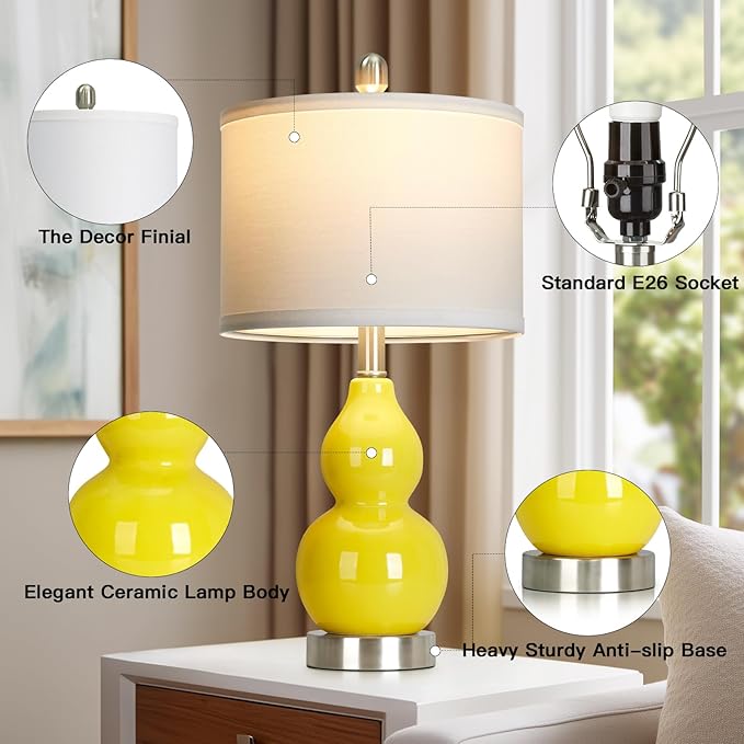 Double Gourd Ceramic Table Lamps Set of 2, Modern Yellow Bedside Lamps for Night Stand, Contemporary Nightstand Lamps for Bedroom Living Room (Bulb Included)