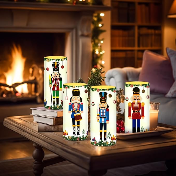 Tiamon 4 Pcs Nutcracker Christmas Flameless Candles Realistic Battery Operated LED Candles with Timer Remote Warm Light Flickering Pillar for Xmas Holiday Table Decorations