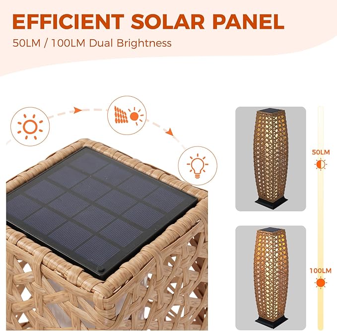 Grand patio 2-Piece Outdoor Floor Lamp Solar Lantern, Water-Resistant Wicker Boho Patio Light with 50/100 Lumens Dual Brightness & Memory Mode for Garden Porch Deck Decor, Large Diamond Natural