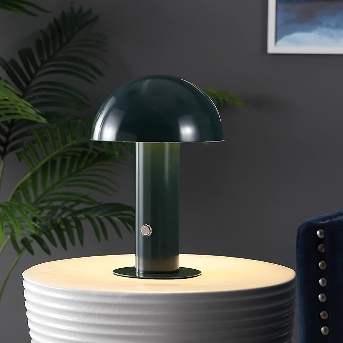 JONATHAN Y 10.75" Forest Green Rechargeable LED Mushroom Table Lamp, Cordless Portable Bedside Lamp for Living Room Bedroom, 3-Way Dimmable Modern Iron Desk Light, Metal Shade (JYL7115D)