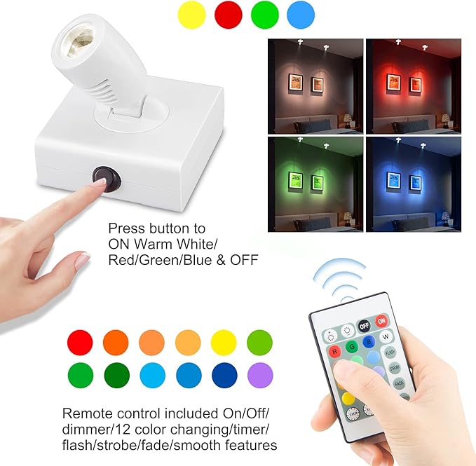 BIGMONAT Wireless LED Spotlight Battery Operated, Rechargeable Accent Light with Remote and Timer, Dimmable Color Changing Display Lamp for Up Lighting Tree Plant Picture Dartboard Art Painting