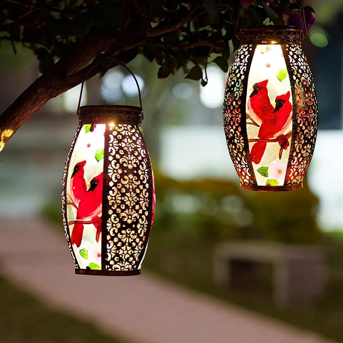 Larger Hanging Cardinal Solar Lantern 2 Pack Waterproof, Solar Lantern Decorative Cardinals Solars Lights for Outside Yard Table Patio Garden Pathway Lawn Cardinal Gifts