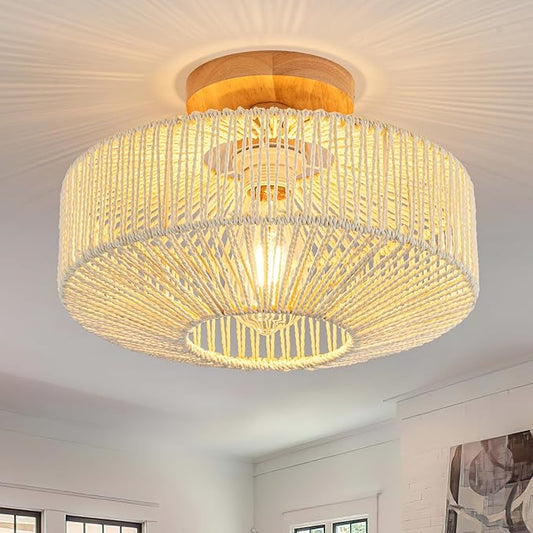 Rattan Light Fixtures Ceiling Flush Mount Boho Chandelier Bedroom Chandelier Ceiling Light for Nursery Hallway Entryway Kitchen Bathroom (Beige)