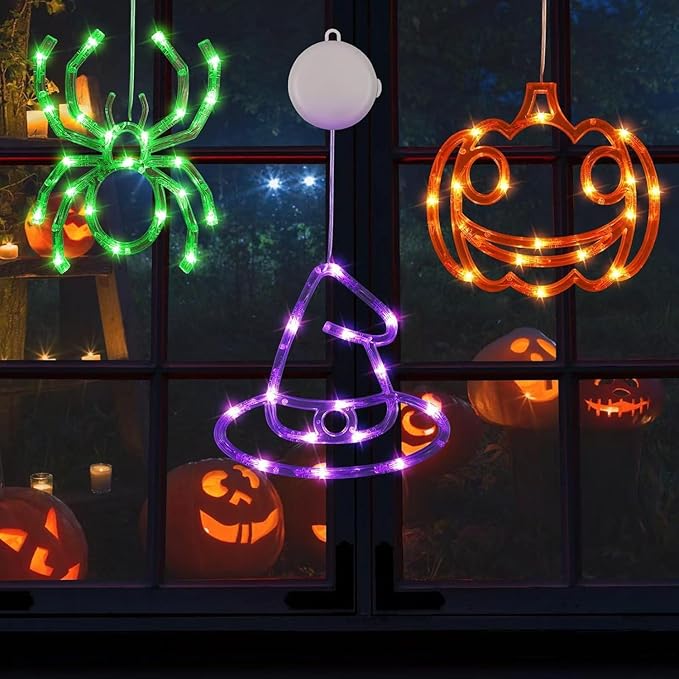 BHCLIGHT 3 Pack Halloween Window Lights Orange Pumpkin Purple Witch Hat Green Spider Battery Operated, Window Light with Suction Cup and Timer Function for Indoor Outdoor Halloween Party Decorations