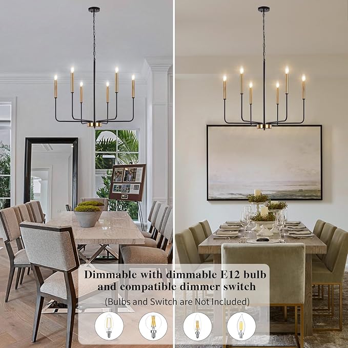 ETONIMERR Modern Farmhouse Chandelier Light Fixture Ceiling Hanging, 6-Light Black and Gold Industrial Chandelier for Dining Room, Rustic Candle Pendant Light for Kitchen Island, Living Room