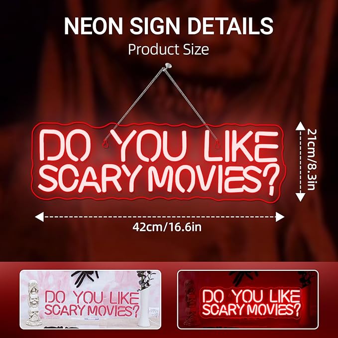 Do You Like Scary Movies Neon Sign Horror Cinema Neon Signs for Wall Decor LED Night Light for Escape Room Bar Club Party Teen Boy Man Cave Game Gothic Halloween Decoration