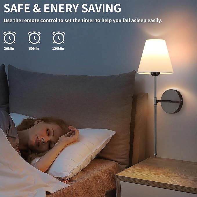 Battery Operated Wall Sconce Set of 2,15 Colors Wireless Wall Light With Dimmable Remote Control Last 18-50 Hours,Black Rechargeable Wall Lamp With White Fabric Shade For Living Room Bedroom Hallway