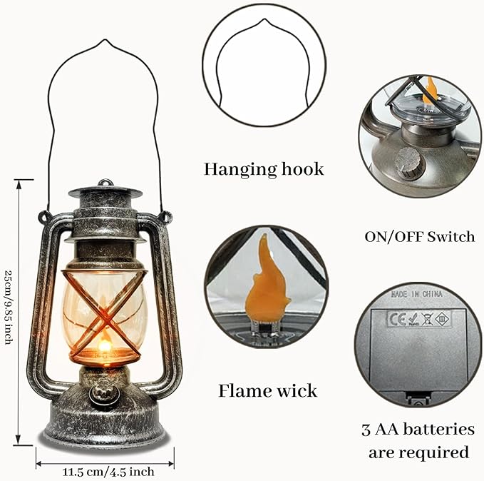 Vintage LED Outdoor Lantern Battery Powered Lanterns with Flame Wick Waterproof Camping Lamp Non-Solar Hanging Lantern Lights Landscape Decor for Indoor/Outdoor Use- Silver Color