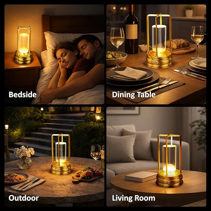 Cordless Table Lamp - Rechargeable LED Lamp with 2000mAh Battery, 3 Color Stepless Dimming & Touch Control, Portable Lamp for Indoor Outdoor, Bedroom, Restaurant, Bar, Patio, Camping, Gold