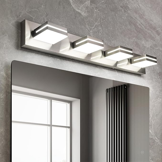 OKELI 4 Lights Bathroom Vanity Light Fixtures Brushed Nickel LED Dimmable Vanity Light Over Mirror Modern Wall Mounted Lighting Fixture, 350° Rotatable Lamp Head 32W Cold White 6000K ETL Listed