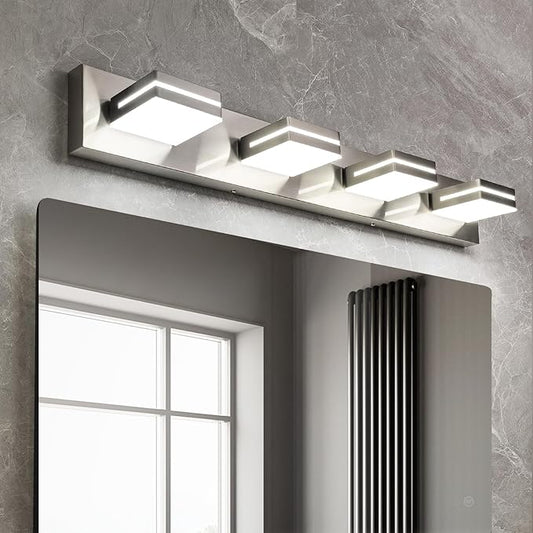 OKELI 4 Lights Bathroom Vanity Light Fixtures Brushed Nickel LED Dimmable Vanity Light Over Mirror Modern Wall Mounted Lighting Fixture, 350° Rotatable Lamp Head 32W Cold White 6000K ETL Listed