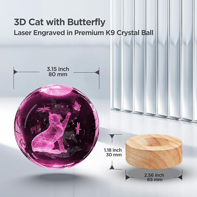 3D Cat Crystal Ball Night Light Cat Lover Gifts for Women 3.15 Inch Figurines Decor Lamp with 16 Color Wooden LED Base and Remote, Birthday Christmas Gifts for Boys Girls Kids