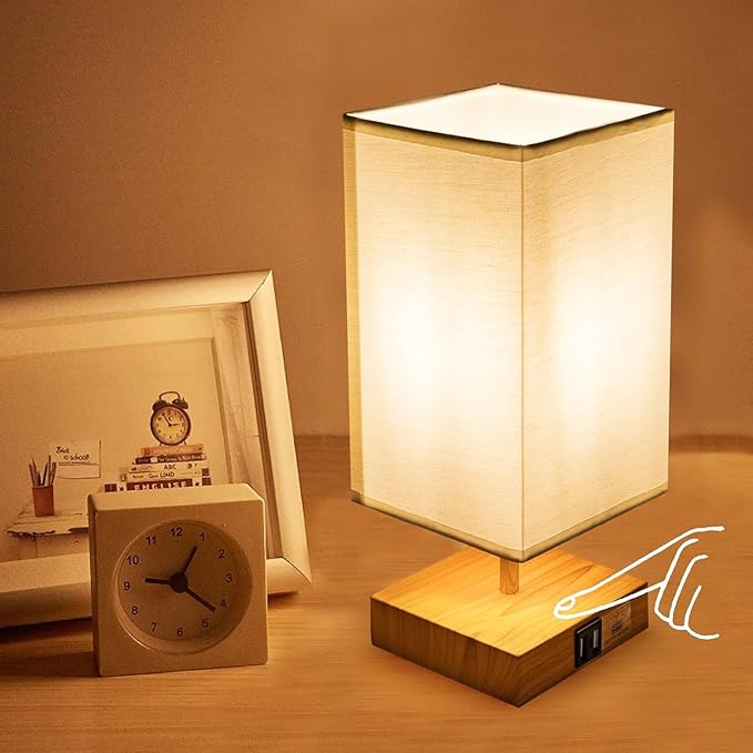 Touch Control Table Lamp, 2 USB Charging Ports, Bedside Lamp for Nightstand with Round Fabric Lamp Shade, Modern Night Light for Living Room, Bed Room, Kids Room, Office (Square)