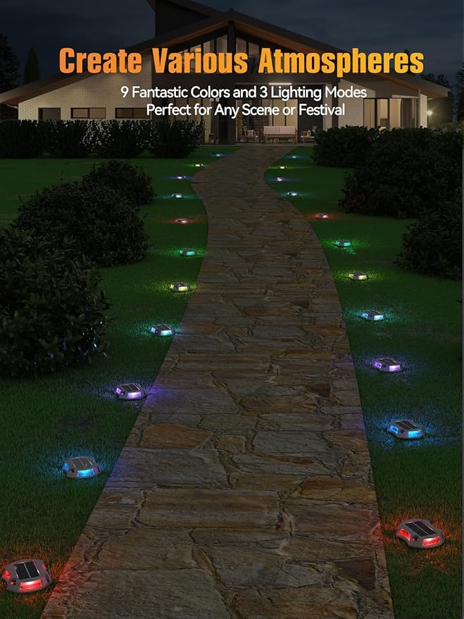 Solar Driveway Lights Solar Dock Lights 9 Colors in 12 Pack, Waterproof IP68, Outdoor, for Driveway Markers, Marine Dock, Pathway, Sidewalk, Warning Step